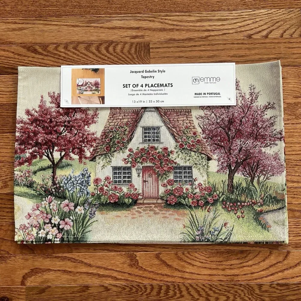 EMME Jacquard Gobelin Tapestry 4 Table Placemats Cottage Garden Portugal New